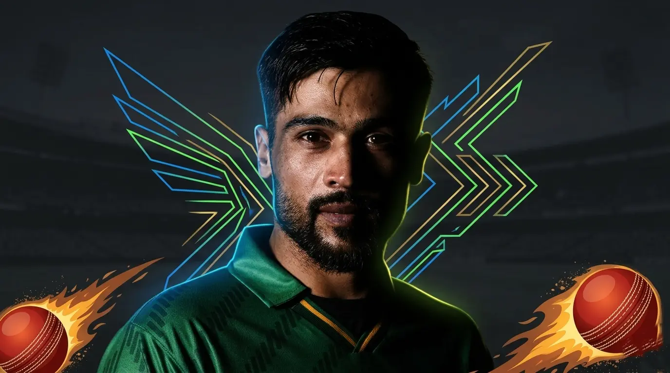 Mohammad Amir cricket player portrait with dynamic background elements