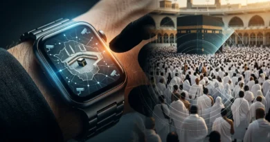 A smart watch on a wrist displaying a digital tracking map of Makkah alongside a conceptual surveillance radar overlaying Hajj pilgrims near the Kaaba.
