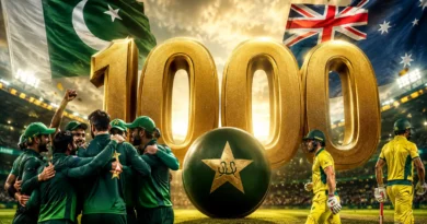 Pakistan and Australia captains holding 1000th ODI commemorative bat at Pindi Cricket Stadium Rawalpindi
