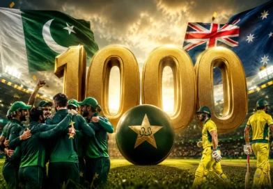 Pakistan and Australia captains holding 1000th ODI commemorative bat at Pindi Cricket Stadium Rawalpindi