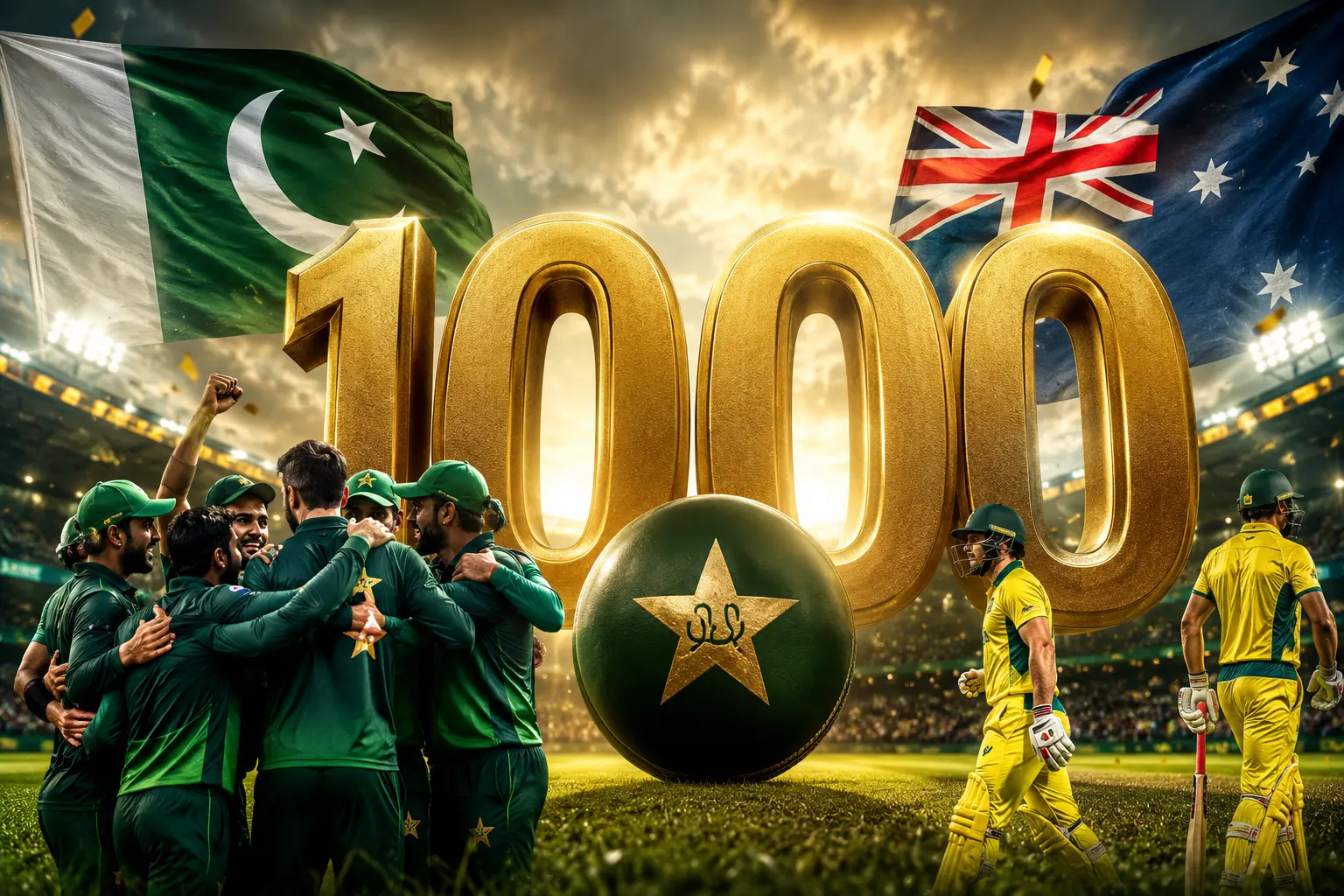 Pakistan and Australia captains holding 1000th ODI commemorative bat at Pindi Cricket Stadium Rawalpindi