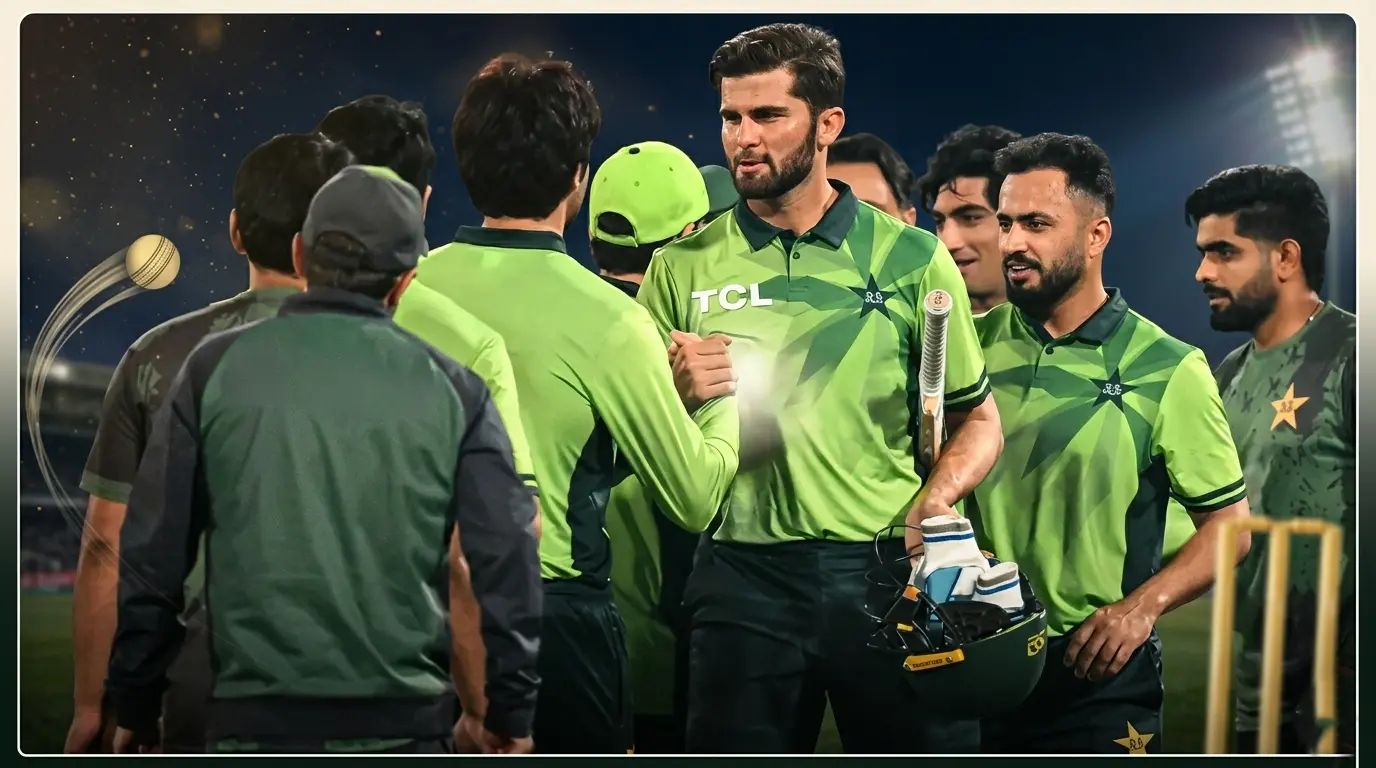 Pakistan cricket team players including Shaheen Afridi, Babar Azam, and Nawaz celebrating during a match, used as a thumbnail for Pak vs Aus ODI series 2026.