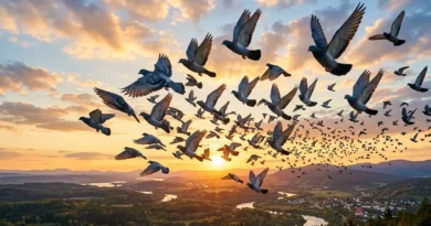A large flock of homing pigeons flying dynamically over a vast forested valley at sunset.
