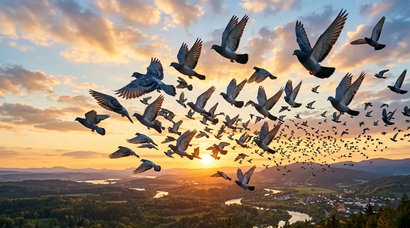  A large flock of homing pigeons flying dynamically over a vast forested valley at sunset.