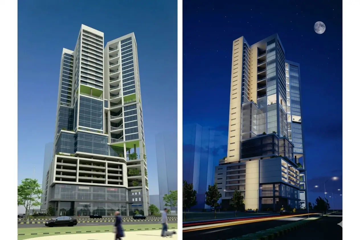 Side by side architectural render of Summit Tower in Clifton Karachi showcasing day and night designs