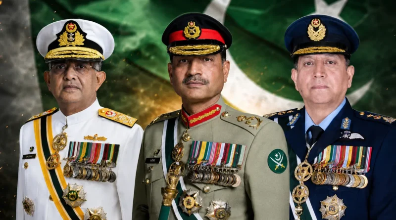 پاکستان کے آرمی چیف جنرل عاصم منیر، نیول چیف ایڈمرل نوید اشرف اور ایئر چیف مارشل ظہیر احمد بابر کی تصویر