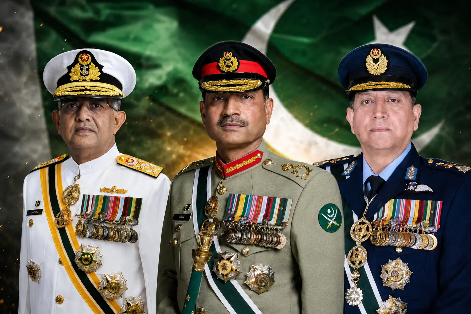 پاکستان کے آرمی چیف جنرل عاصم منیر، نیول چیف ایڈمرل نوید اشرف اور ایئر چیف مارشل ظہیر احمد بابر کی تصویر
