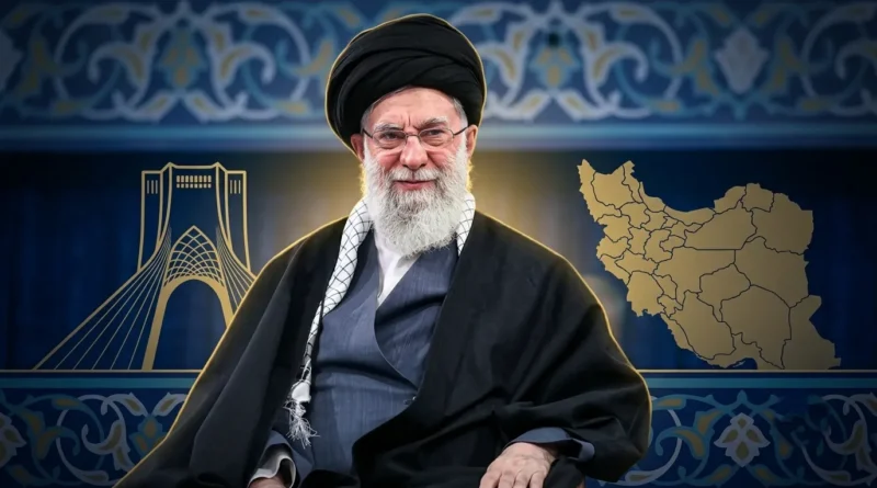 A split-screen thumbnail showing Ayatollah Ali Khamenei on the left and the illuminated Imam Reza Shrine in Mashhad on the right, designed for a news feature.