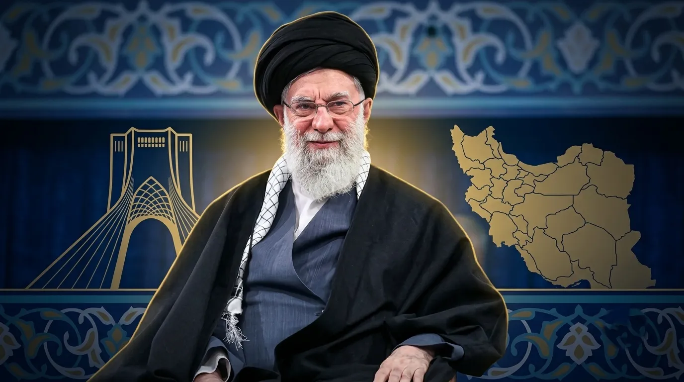A split-screen thumbnail showing Ayatollah Ali Khamenei on the left and the illuminated Imam Reza Shrine in Mashhad on the right, designed for a news feature.