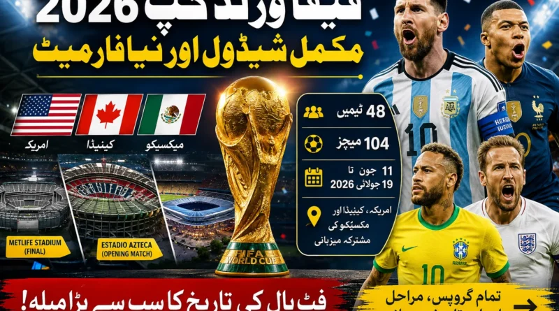 FIFA World Cup 2026 promotional thumbnail showing golden trophy, host countries flags, stadiums and football players with tournament details