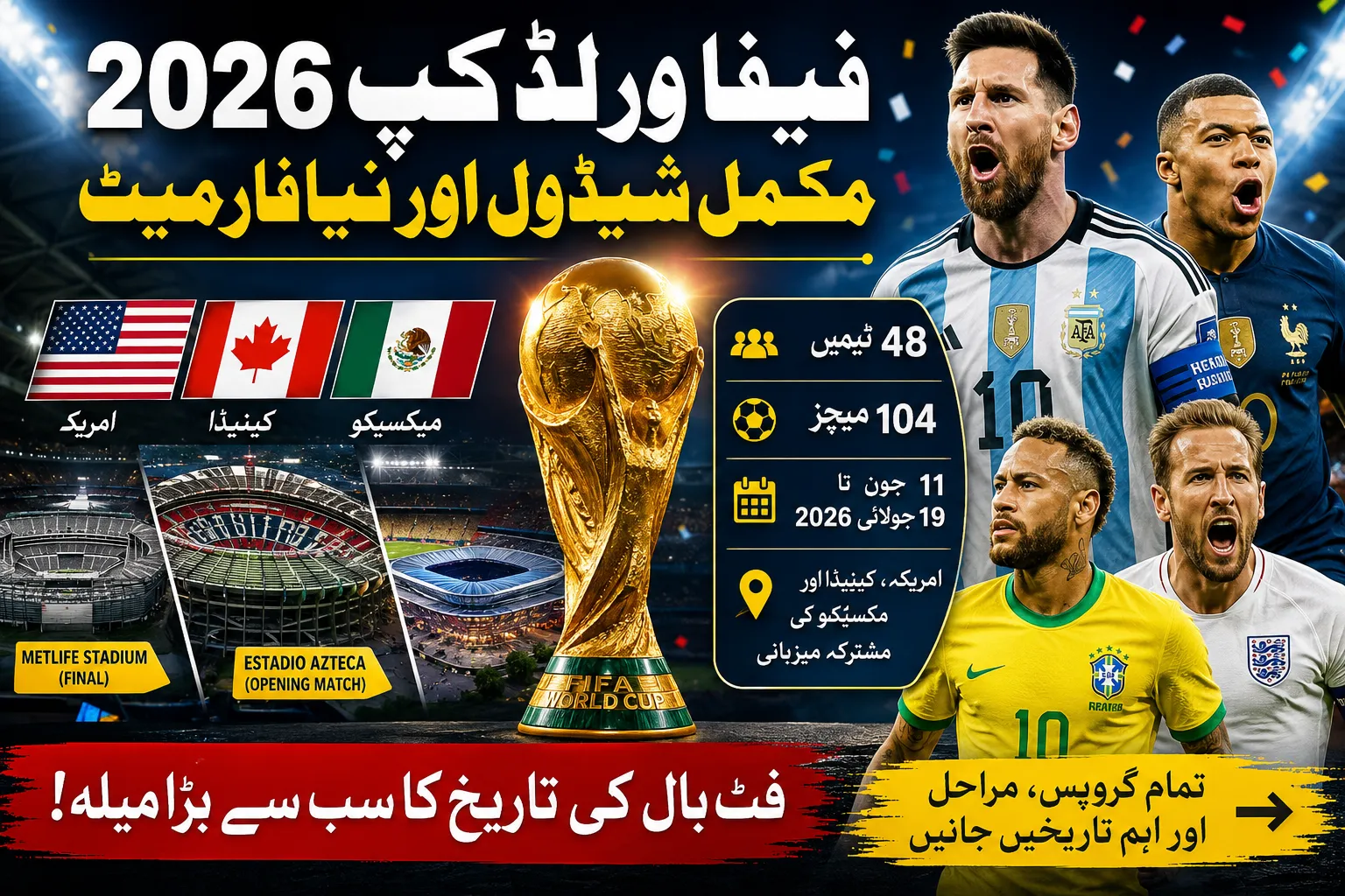 FIFA World Cup 2026 promotional thumbnail showing golden trophy, host countries flags, stadiums and football players with tournament details