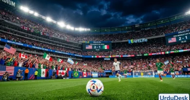 FIFA World Cup 2026 stadium showing football players from Muslim countries with flags of Morocco, Saudi Arabia, Egypt, and Jordan running on the field.