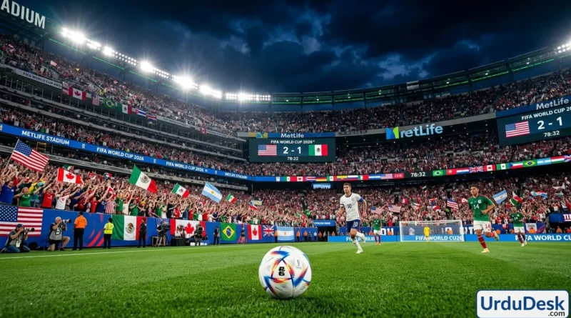 FIFA World Cup 2026 stadium showing football players from Muslim countries with flags of Morocco, Saudi Arabia, Egypt, and Jordan running on the field.