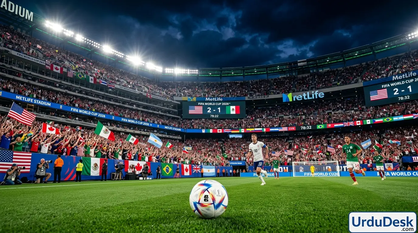 FIFA World Cup 2026 stadium showing football players from Muslim countries with flags of Morocco, Saudi Arabia, Egypt, and Jordan running on the field.