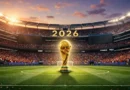 FIFA World Cup trophy placed in the center of a crowded football stadium for the 2026 tournament.