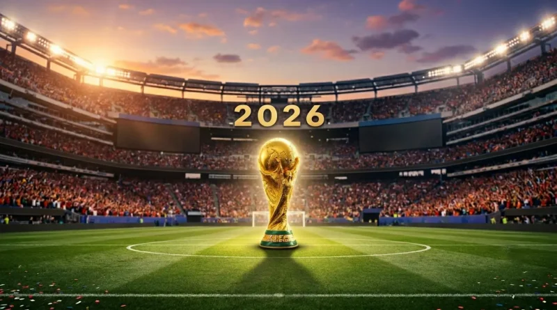 FIFA World Cup trophy placed in the center of a crowded football stadium for the 2026 tournament.