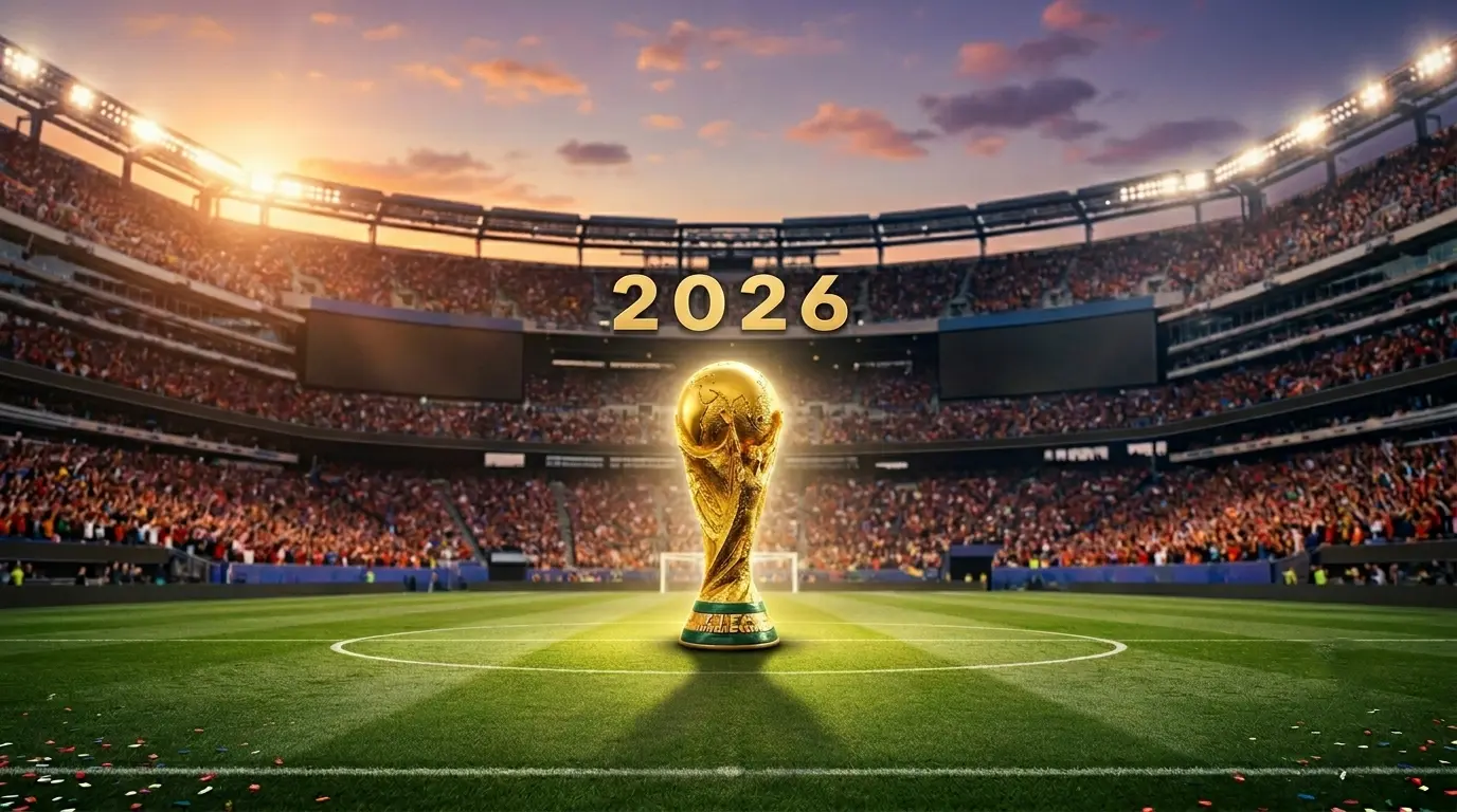 FIFA World Cup trophy placed in the center of a crowded football stadium for the 2026 tournament.