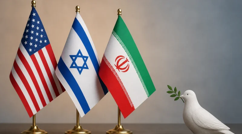 A conceptual thumbnail illustrating the 100 days of the Iran-US conflict, featuring the United States flag on the left with military troops and tanks, the Iranian flag on the right with missile launchers, and the United Nations flag on a podium in the center symbolizing diplomatic mediation over a naval shipping route.