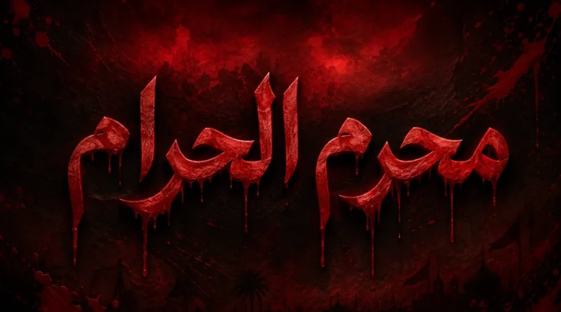Bold Urdu calligraphy of 'Muharram ul Haram' on a plain white background with dramatic dark red blood dripping and splashing down the screen.