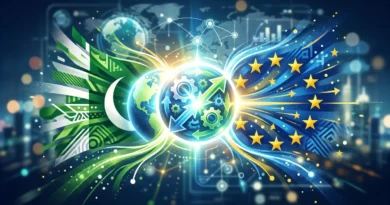 Pakistan EU Strategic Dialogue meeting in Islamabad featuring Pakistan and European Union flags with news broadcasting elements.