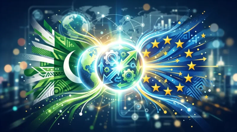 Pakistan EU Strategic Dialogue meeting in Islamabad featuring Pakistan and European Union flags with news broadcasting elements.