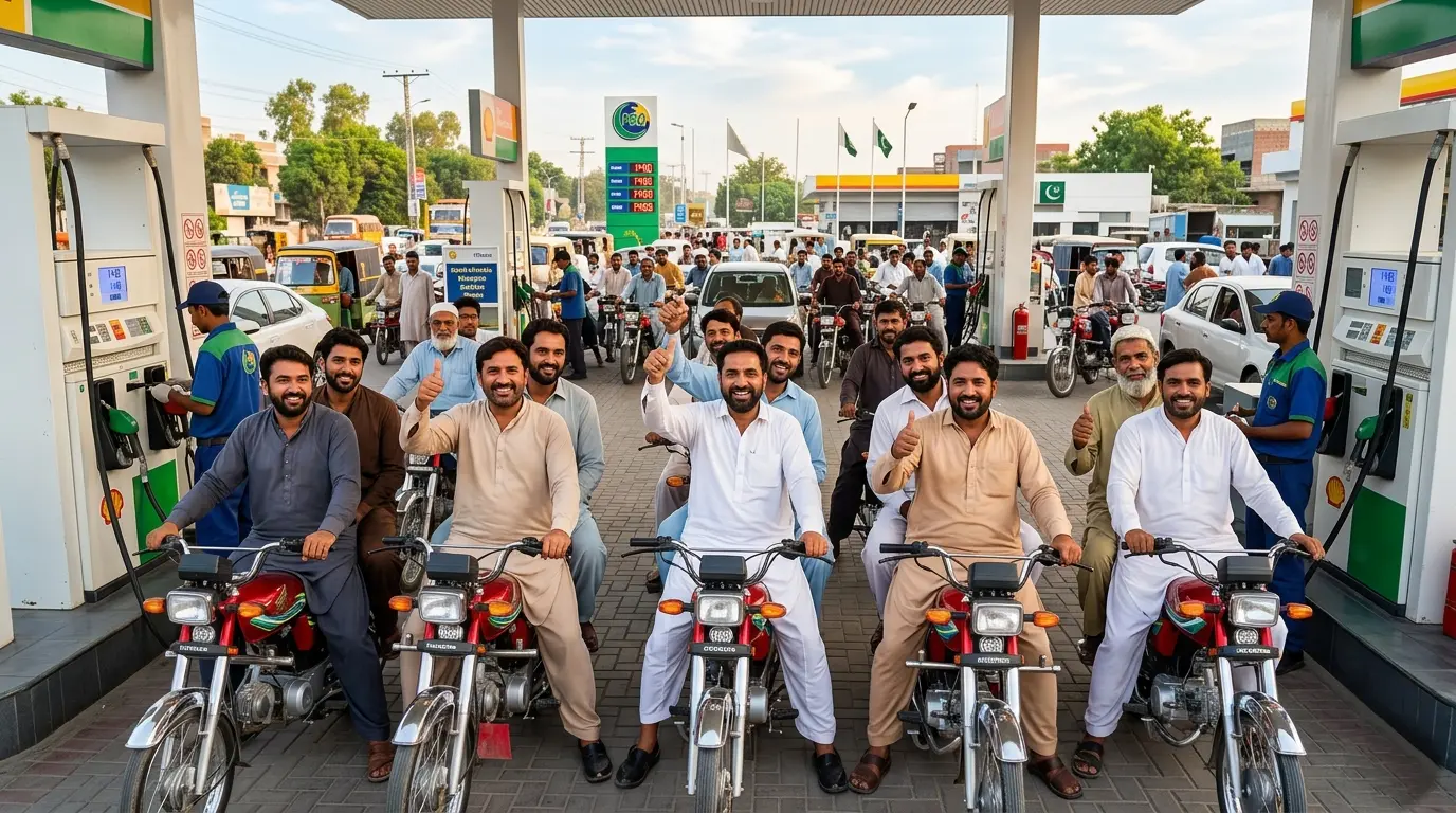 A conceptual thumbnail showing a 150 rupees price drop in Pakistan fuel prices with a green downward arrow and digital petrol pump board displaying 150.00.