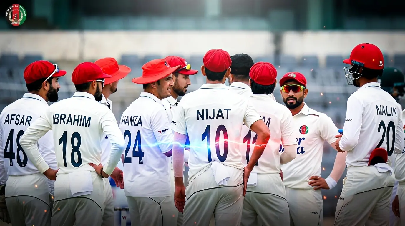 Afghanistan national cricket team players in white test uniform discussing on field during a match.