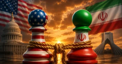 A satirical caricature of current American and Iranian political figures tied together with a thick rope knot, symbolizing a political deadlock, in front of the US Capitol and an Iranian mosque with cracked flags, no text.