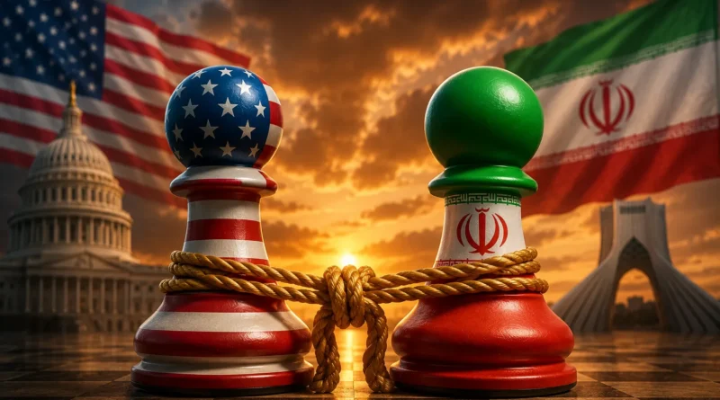A satirical caricature of current American and Iranian political figures tied together with a thick rope knot, symbolizing a political deadlock, in front of the US Capitol and an Iranian mosque with cracked flags, no text.