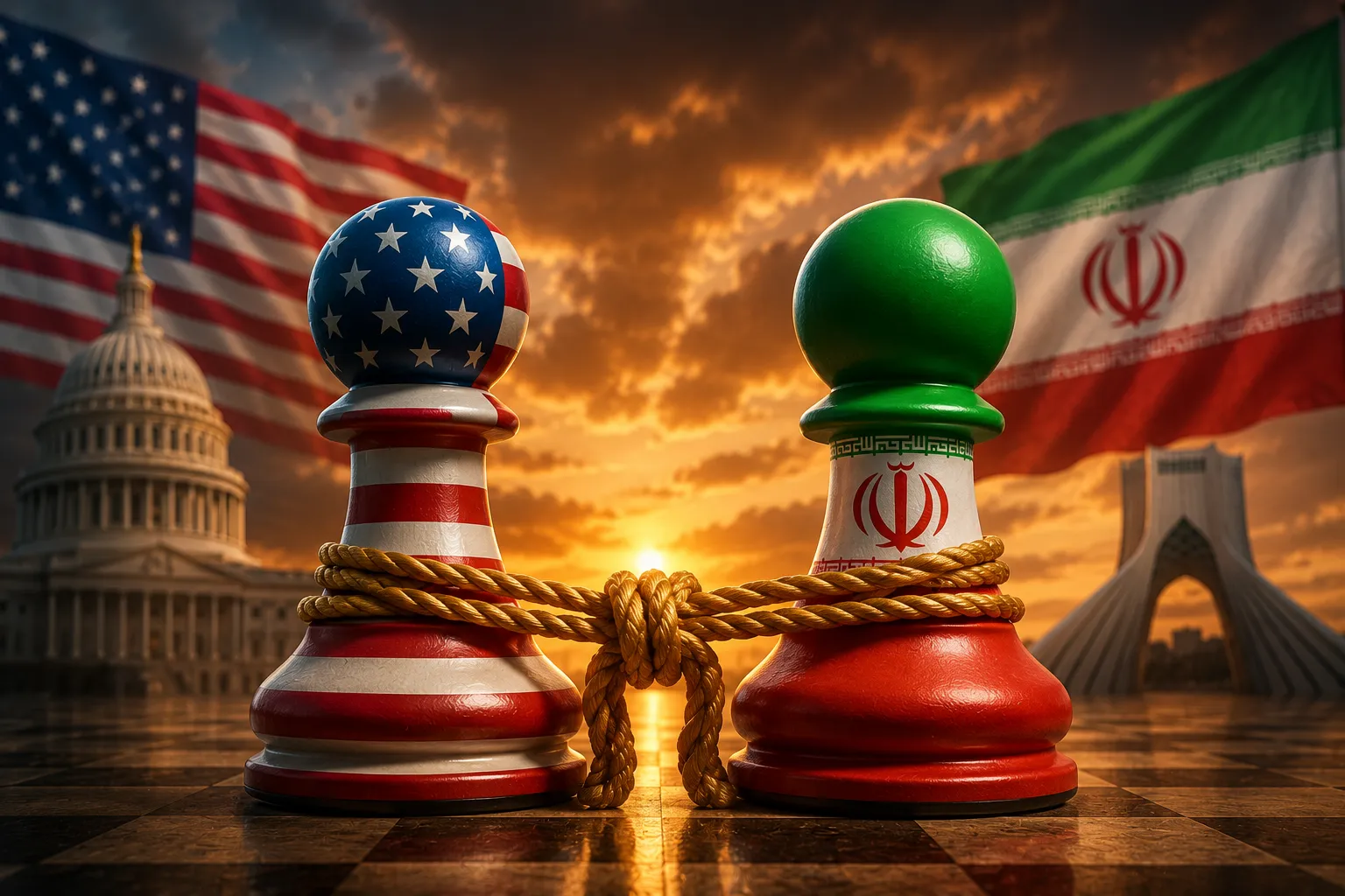 A satirical caricature of current American and Iranian political figures tied together with a thick rope knot, symbolizing a political deadlock, in front of the US Capitol and an Iranian mosque with cracked flags, no text.