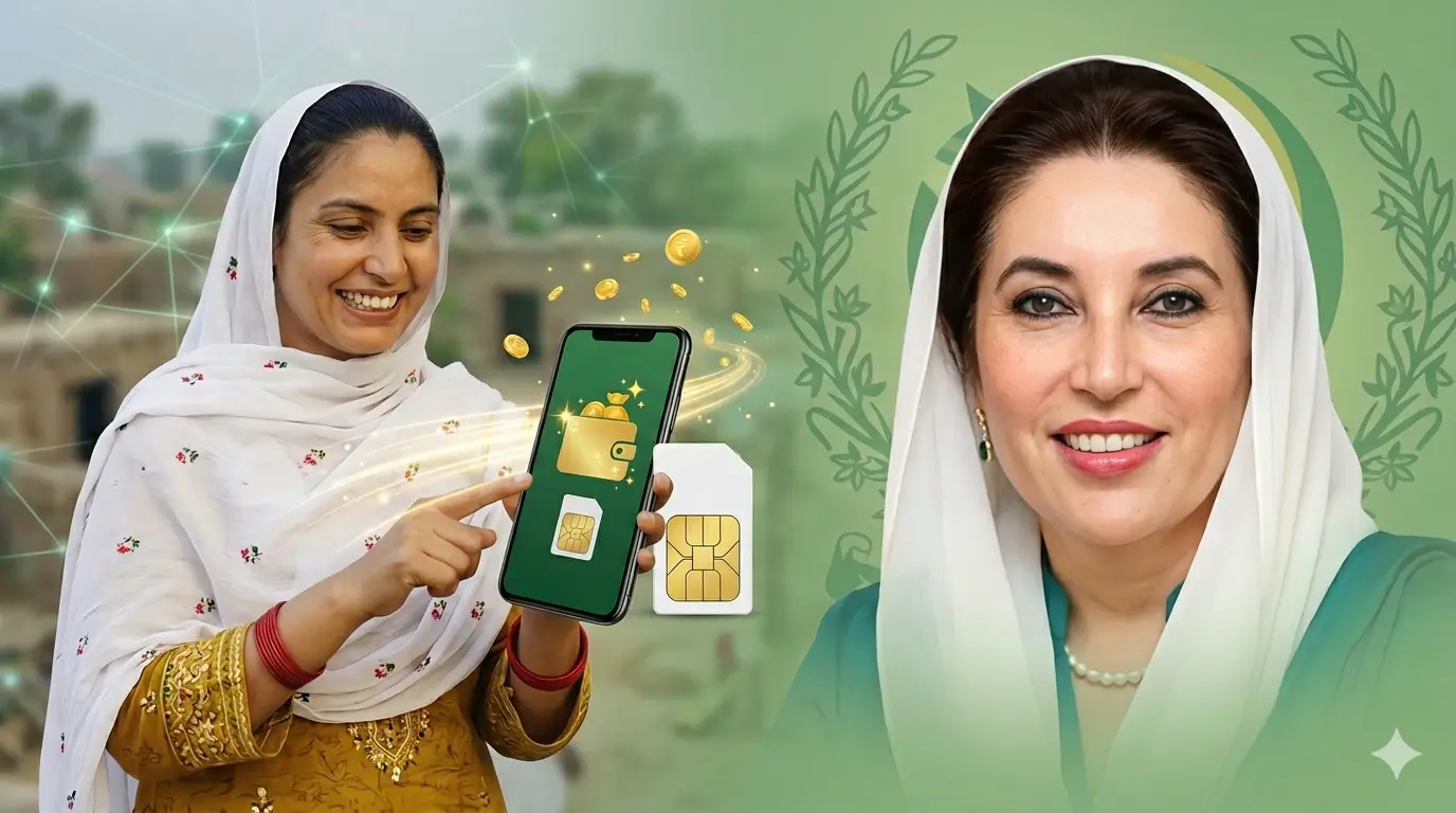 A professional news thumbnail for BISP showing a smiling Pakistani beneficiary woman holding a smartphone with a digital wallet app and a SIM card, alongside an official portrait of Benazir Bhutto on a green background.