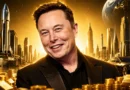 Elon Musk watching a SpaceX rocket launch at sunset, symbolizing his milestone as the world's first trillionaire.