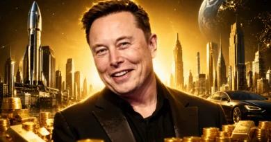 Elon Musk watching a SpaceX rocket launch at sunset, symbolizing his milestone as the world's first trillionaire.