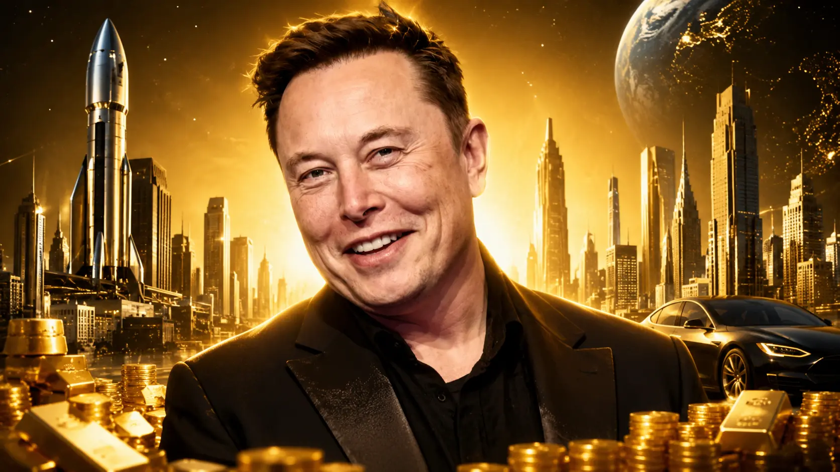 Elon Musk watching a SpaceX rocket launch at sunset, symbolizing his milestone as the world's first trillionaire.