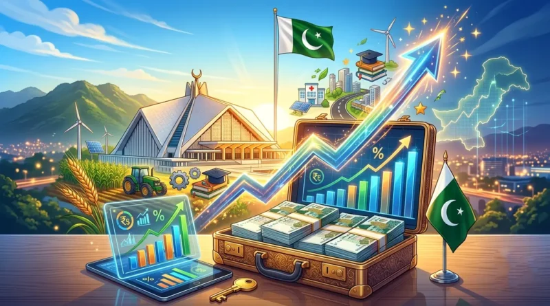 Green budget book with Urdu text Wafaqi Budget 2026-27 on a desk with Pakistani currency and calculator