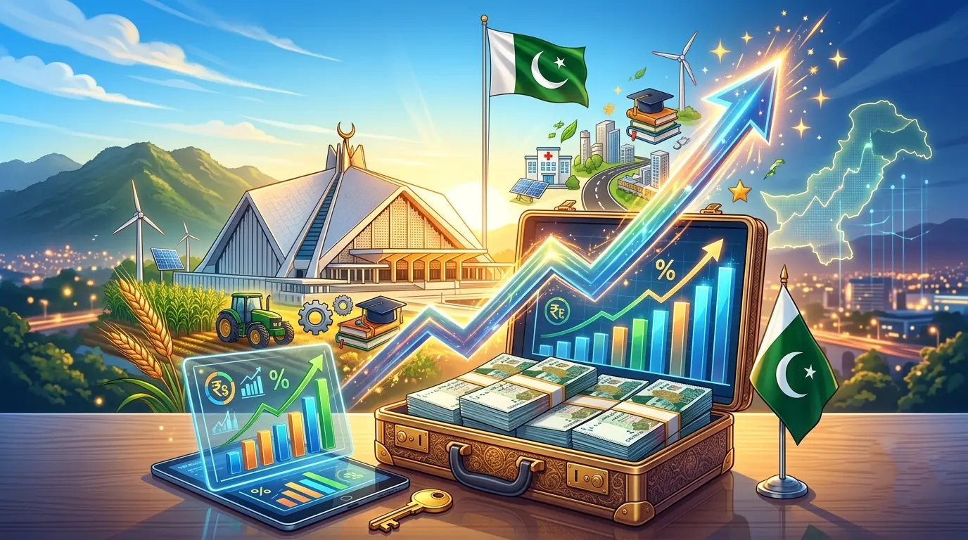 Green budget book with Urdu text Wafaqi Budget 2026-27 on a desk with Pakistani currency and calculator