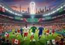 FIFA World Cup 2026 stadium filled with fans, hosting countries flags USA Mexico Canada, and players on the field.