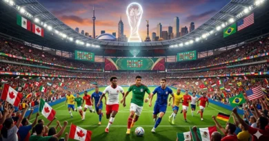 FIFA World Cup 2026 stadium filled with fans, hosting countries flags USA Mexico Canada, and players on the field.