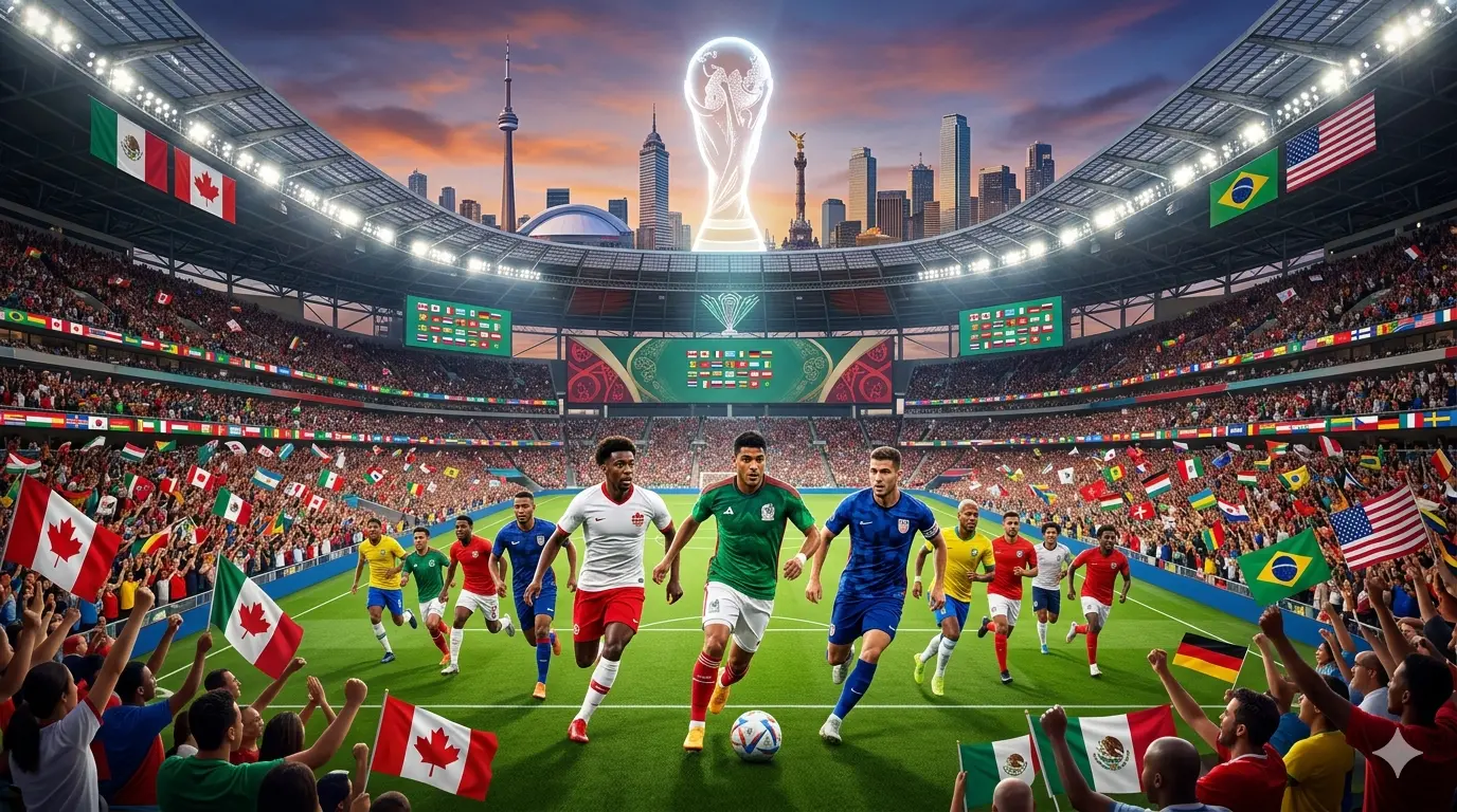 FIFA World Cup 2026 stadium filled with fans, hosting countries flags USA Mexico Canada, and players on the field.