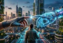 A futuristic concept art showing a human hand touching a glowing AI robotic hand over a smart city background, representing the future of artificial intelligence.