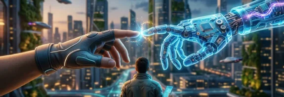 A futuristic concept art showing a human hand touching a glowing AI robotic hand over a smart city background, representing the future of artificial intelligence.