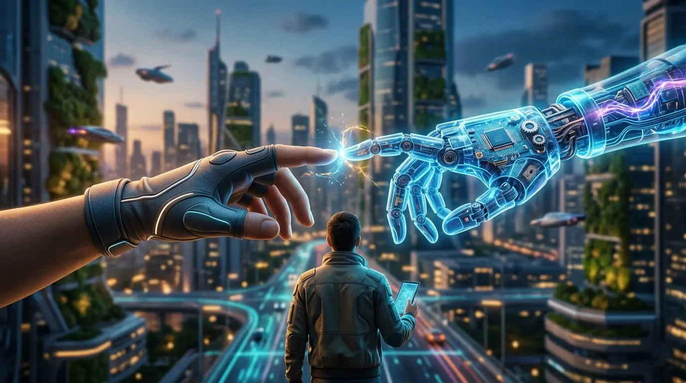 A futuristic concept art showing a human hand touching a glowing AI robotic hand over a smart city background, representing the future of artificial intelligence.