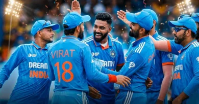 Indian cricket team players celebrating on the field, representing the upcoming T20 captaincy changes featuring Shreyas Iyer.
