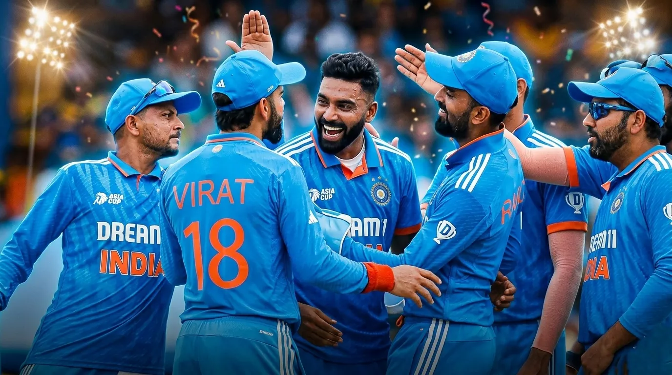 Indian cricket team players celebrating on the field, representing the upcoming T20 captaincy changes featuring Shreyas Iyer.