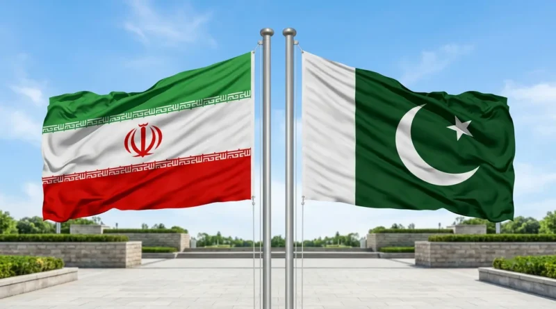 Iran and Pakistan flags waving side by side under a blue sky, representing diplomatic relations.