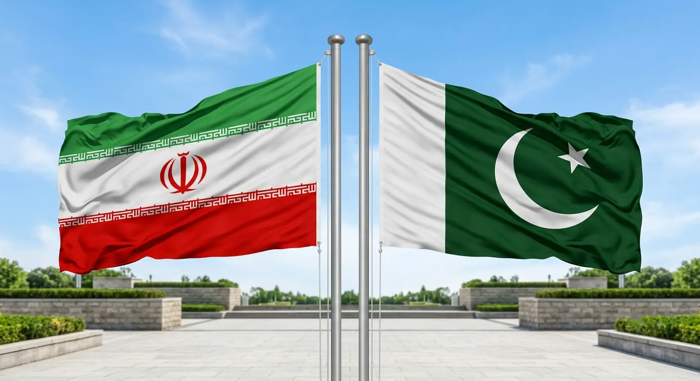 Iran and Pakistan flags waving side by side under a blue sky, representing diplomatic relations.
