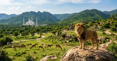 اسلام آباد بارہ کہو میں مجوزہ وائلڈ لائف سفاری پارک کا ایک خوبصورت فرضی منظر جس کے پس منظر میں فیصل مسجد اور مارگلہ ہلز نظر آ رہی ہیں
