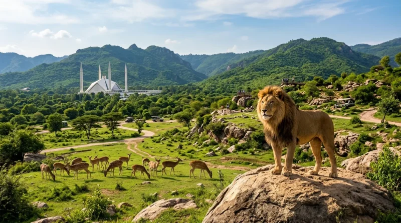 اسلام آباد بارہ کہو میں مجوزہ وائلڈ لائف سفاری پارک کا ایک خوبصورت فرضی منظر جس کے پس منظر میں فیصل مسجد اور مارگلہ ہلز نظر آ رہی ہیں