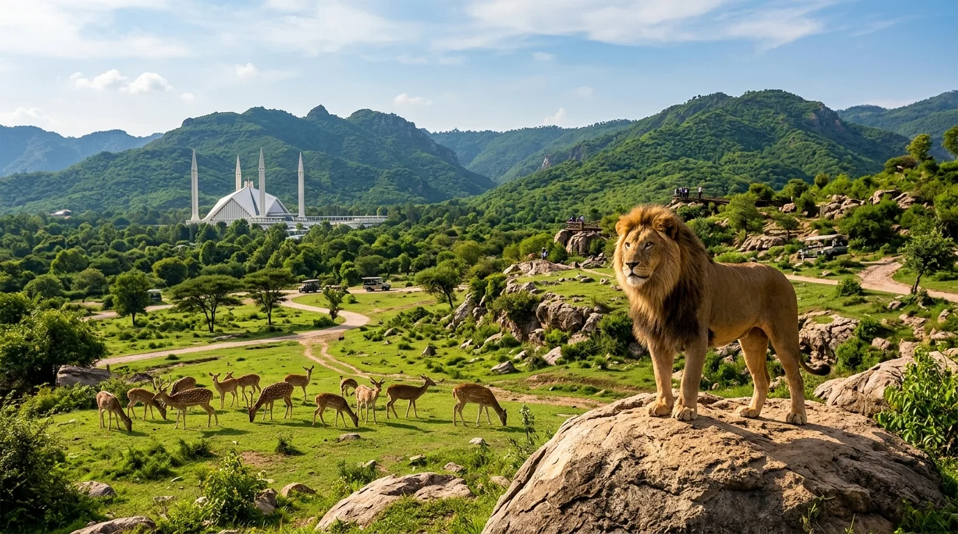 اسلام آباد بارہ کہو میں مجوزہ وائلڈ لائف سفاری پارک کا ایک خوبصورت فرضی منظر جس کے پس منظر میں فیصل مسجد اور مارگلہ ہلز نظر آ رہی ہیں