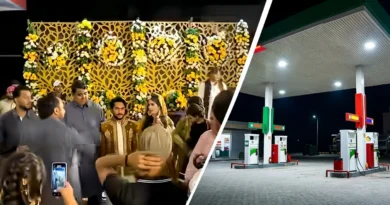 A split image showing a traditional Pakistani wedding mehndi ceremony stage on the left and a brightly lit petrol pump in Lahore at night on the right.